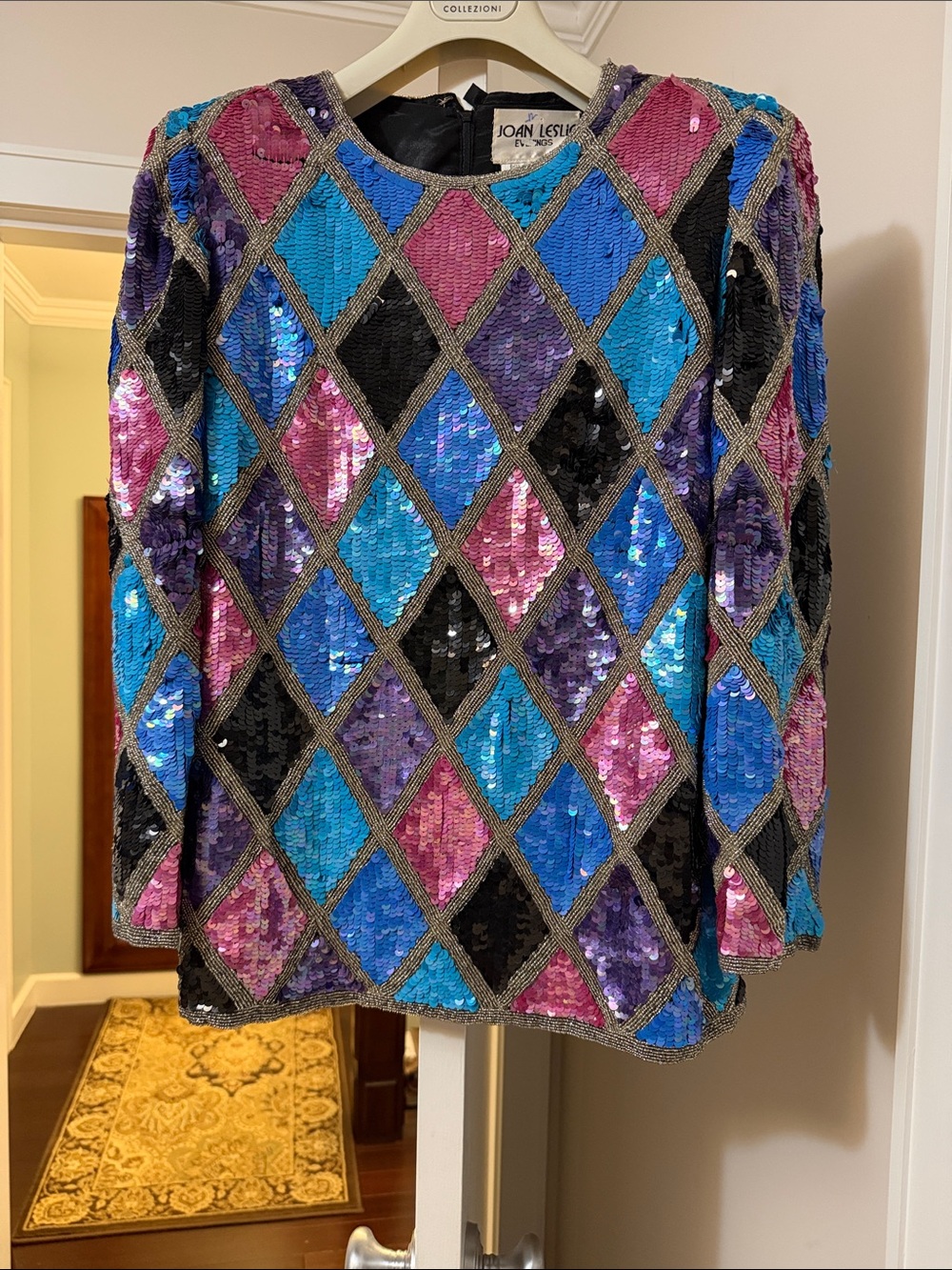Jan Leslie Multicolor Sequin Diamond Sweater - Blue/Purple/Pink/Black size S